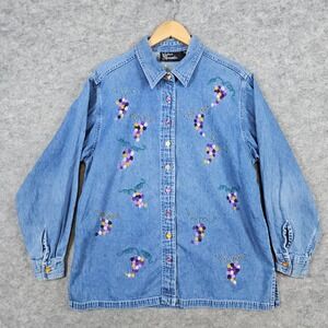 Silver Threads Women's Blue Denim Shirt Size L‎ Button Up Embroidered Grapes